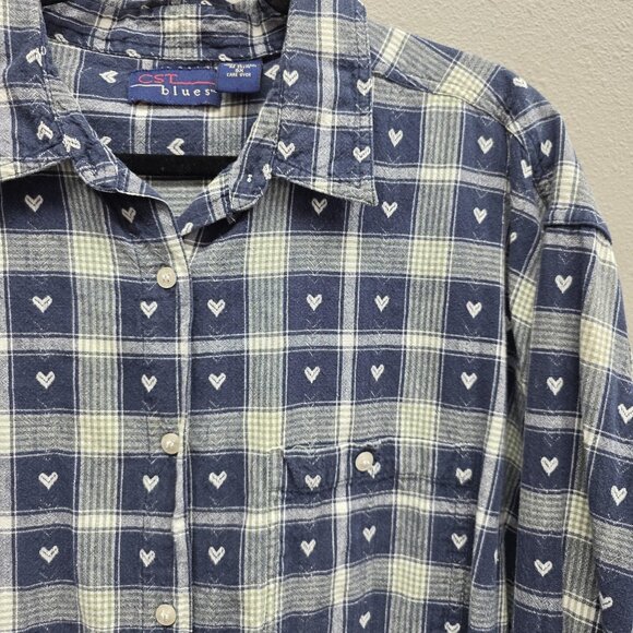 CST Blues Shirt Womens 5X Blue White Plaid Button Down Long Sleeve Cotton Hearts - Picture 2 of 11